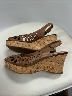 Nicole Brown Leather Cutout Cork Wedge Slingback Sandals Size 7M